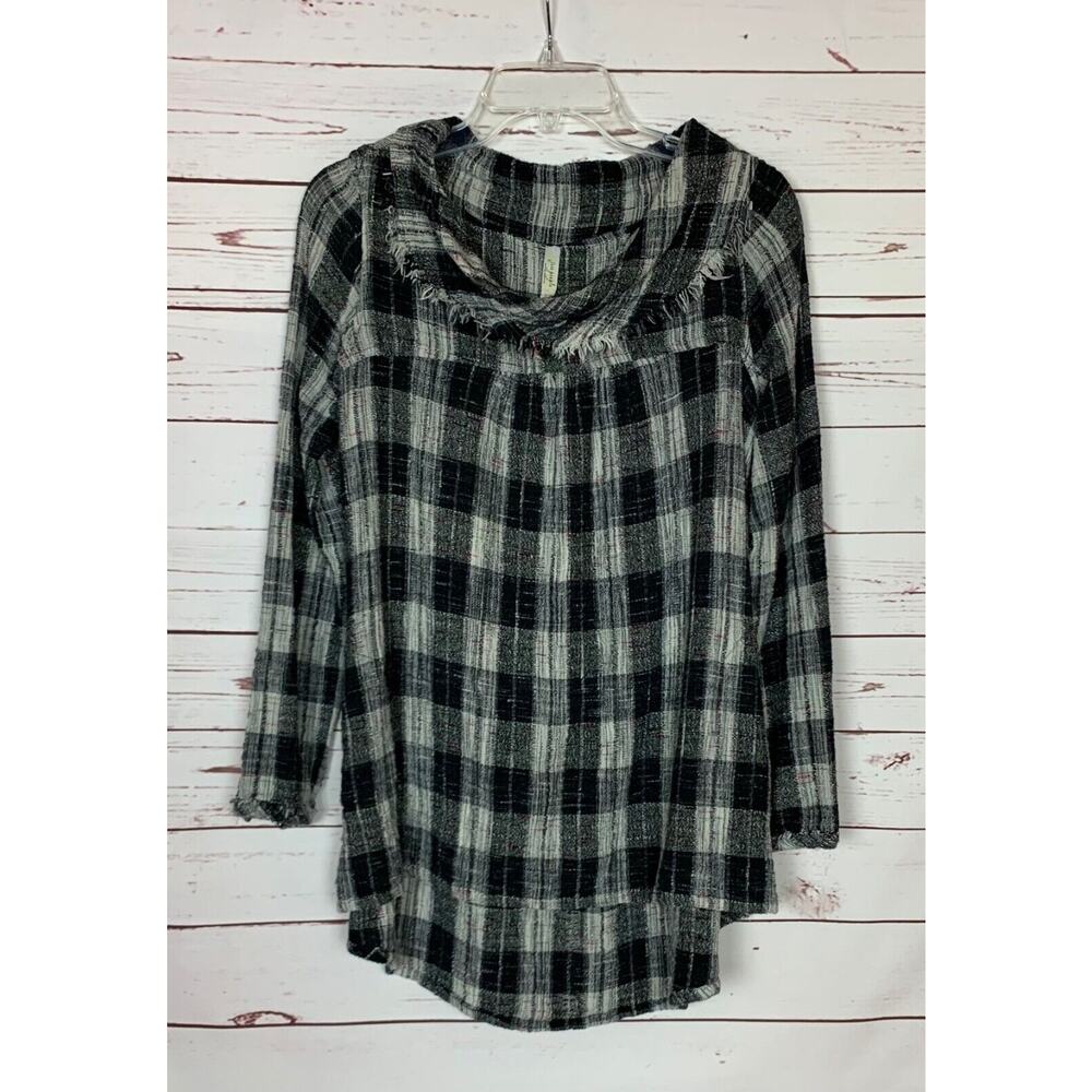 Free People Women's S Small Black White Plaid Woven Long Sleeve Pocket Tunic Top